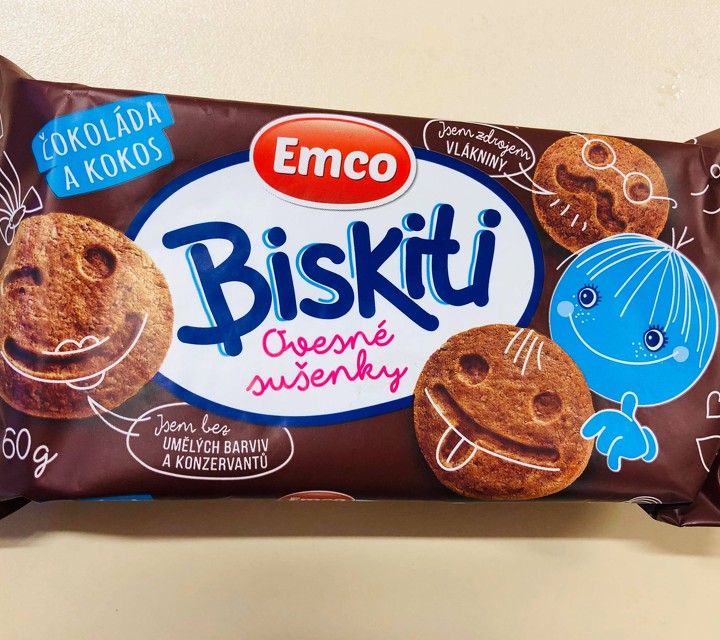 Ovesné sušenky Emco Biskiti s příchutí čoko a kokos
